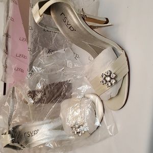 "RSVP" Ivory satin sandals with ankle straps and little rhinestone embellishment